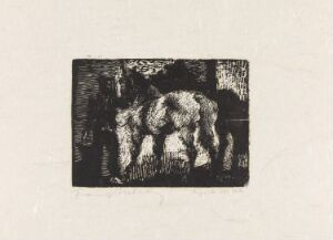  Monochromatic print "Two Horses" by Frans Widerberg, featuring two abstractly etched horses using expressive lines on light-colored paper, illustrating the strength and form of the animals with a dynamic range of black, white, and gray tones.