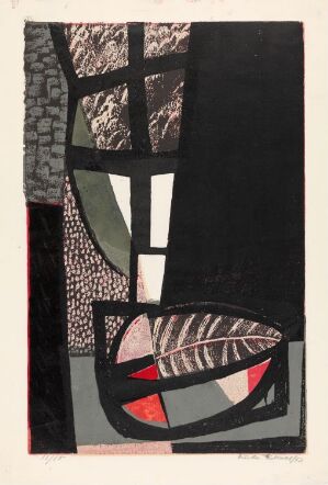  "Composition in Red" by Ludvig Eikaas, an abstract colored woodcut on paper with a predominantly black background featuring textures and patterns, a vertical red stripe, and a central abstract form with segments of red, pink, green, and black.