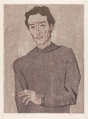  "Ole Grepp," a colored woodcut portrait on paper by Henrik Finne depicting a contemplative man with dark, slightly graying hair and a high-necked sweater in muted brown tones, set against a light brown background.