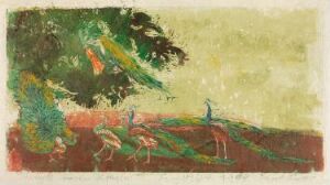  "Peacocks" by Frans Widerberg—a fine art colored woodcut on paper showing a group of colorful peacocks in various postures, with a solitary figure in blue amidst a dreamlike background of muted greens, yellows, and reds.