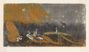  "Peacocks II," a fine art colored woodcut by Frans Widerberg on paper, featuring stylized white peacocks in the foreground with a solitary figure on the right amidst a moody background of dark grays, blacks, and contrasting warm oranges and yellows.