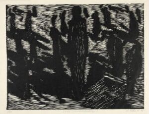  "Stille menneskelandskap II" by Louise Dahm Hedemark, a linocut on paper featuring an abstract composition with prominent vertical and diagonal black lines on a white background, creating a high-contrast, textured visual reminiscent of a crowded landscape or forest of shadows.