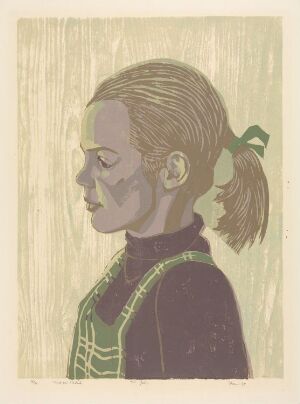  "The ponytail" by Henrik Finne, a color woodcut print on paper, showing the side profile of a contemplative young girl with her hair in a ponytail, rendered in earthy green and brown tones with a textured background.