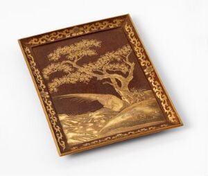  An image of a sepia-toned artwork portraying a grand tree with spreading branches on a sloped landscape, bordered by a decorative golden and brown frame, against a white background.