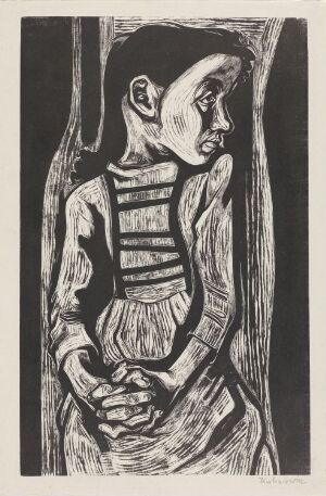  "Karola" by Tadeusz Kulisiewicz, a woodcut print on paper, depicts a contemplative figure in a striped garment with folded arms, rendered in stark black and white contrasts that emphasize emotion and form.
