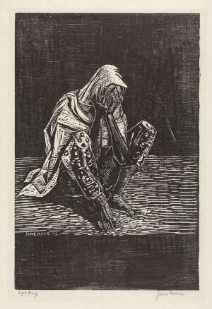  Black and white woodcut print by Jane Muus titled "Skisse til plakat for den bengalske flyktningehjelp" depicting a distressed figure crouched on the ground, face hidden in hand, wearing patterned traditional clothing, with a strong contrast of light and shadow.