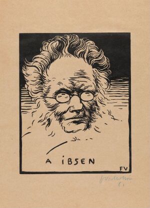  "A Ibsen" by Félix Vallotton, a woodcut print featuring a striking black-and-white portrait of a man with intense eyes and wild hair surrounded by horizontal lines, on a beige paper background, with the name "A Ibsen" and the artist's initials "FV" inscribed at the bottom.