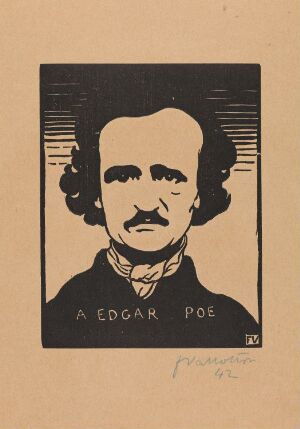  A woodcut print on paper by Félix Vallotton titled "A Edgar Poe," displaying a high-contrast, black silhouette portrait of Edgar Allan Poe against a tan, sepia-toned background, with his name inscribed above his image.