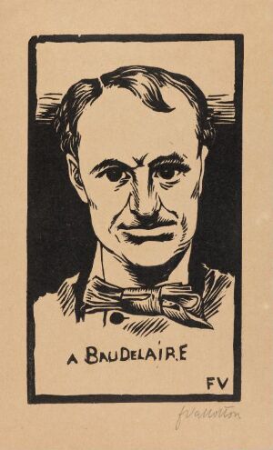  "A Baudelaire" by Félix Vallotton, a black and white woodcut portrait on paper depicting the solemn face of Charles Baudelaire, with a bow tie, framed by bold lines and blank background, the artist's initials "FV" in the corner.