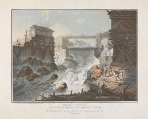  "Silkesagen ved Hønefossen" by Georg Haas is a color aquatint print depicting a historic scene at the Hønefossen waterfall with figures working among rocks, a wooden structure and turbulent water, rendered in muted blues, browns, and greys, reflecting a serene yet industrious atmosphere.