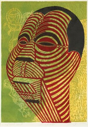 "Jan Kjærstad" by Tom Gundersen, a colored woodcut and linocut on paper featuring a stylized human face with broad red lines creating facial contours on a textured green background, with dark accents providing contrast.