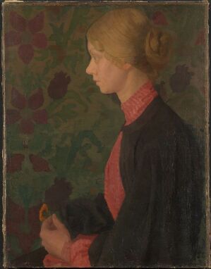  "Portrait of the Artist Ragnhild (Lalla) Hvalstad" by Thorvald Erichsen, an oil painting showing a woman in profile with subdued tones and a floral background, exuding a serene and contemplative aura.