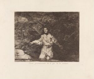  "Sad forebodings of what is going to happen" by Francisco de Goya, a monochromatic etching on paper featuring a figure, possibly in distress or contemplation, rendered in shades of black, white, and grey, showcasing the artist's skill in creating an emotionally resonant scene through the use of light and shadow.
