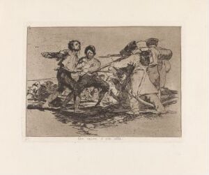  Etching by Francisco de Goya entitled "Rightly or wrongly" featuring monochromatic shading and potentially dramatic human figures, created using a combination of etching, flat biting, polishing steel, and drypoint on paper.