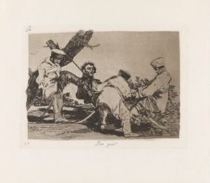  "Why?" by Francisco de Goya, a monochromatic etching on paper depicting a scene of violence with four figures, one being attacked with a raised club, rendered in shades of black and gray on cream paper, illustrating desperation and brutality.