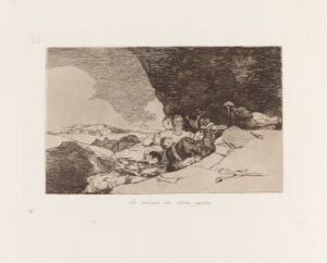 "The same elsewhere" by Francisco de Goya, a sepia-toned etching featuring a group of figures huddled together amidst a desolate, rugged landscape, conveying a sense of struggle and desolation.