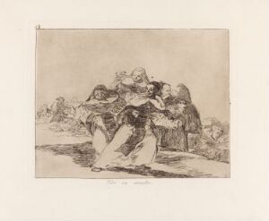  "Everything is topsy-turvy" by Francisco de Goya, an etching and engraving on paper displaying a monochromatic scene with figures in period clothing engaged in illogical, intertwined activities, rendered in shades of brown and beige with strong black line work.