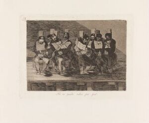  "One can't tell why", an etching by Francisco de Goya, showcasing a satirical gathering of masked figures riding disproportionate animals and holding out labeled signs, rendered in deep blacks and various shades of gray.