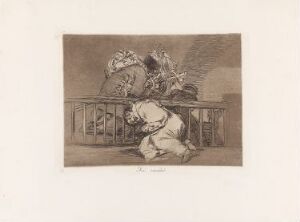  An etching by Francisco de Goya titled "This is how it happened!", showing a figure in historical clothing bent forward in despair in the foreground, with a group of observers in the background to the left, set against a monochromatic brown, tan, and sepia backdrop. The technique suggests a depth and texture characteristic of Goya's traditional etching methods.