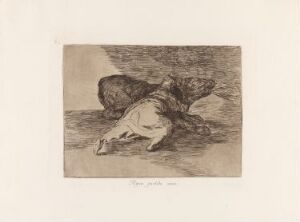  Etching by Francisco de Goya titled "He makes some use of it," featuring a monotone image of a man lying prone on the ground with disheveled clothing, rendered in dark shades of black and gray, conveying a somber and desolate scene.