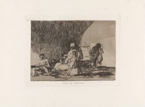  "The healthy and the sick" by Francisco de Goya, black and white etching on paper depicting three figures, where one looks ill and rests on the ground while two others stand beside, possibly in a historical setting.