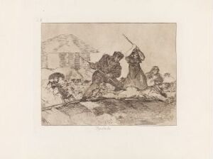  "Rabble" by Francisco de Goya, an etching on paper portraying a chaotic scene with agitated figures in various states of movement against a backdrop of mountains and clouds, executed in shades of brown. The etching features expressive line work and dynamic compositions reflective of Goya's style.