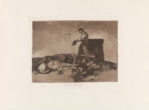 Etching by Francisco de Goya entitled "Cruel tale of woe!" displaying a sorrowful scene with two figures, one reclined on the ground and another seated with their face in their hands, in shades of sepia on a creamy white paper background.