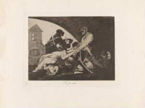  An etching by Francisco de Goya titled "Neither do these", depicting a chaotic scene of figures in a struggle, with rich black tones, contrasting grays, and highlighted details in a monochromatic palette.