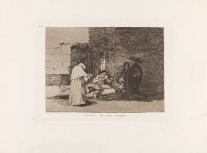  "A Woman's Charity" by Francisco de Goya, a sepia-toned etching showing a well-dressed woman giving aid to a less fortunate family sitting by a run-down wall, illustrating a stark contrast between their circumstances.