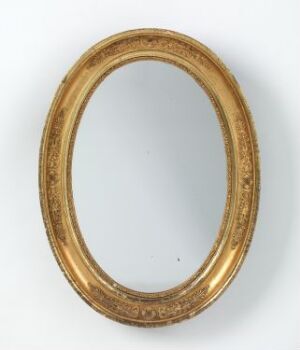  An antique-style oval gold picture frame with intricate embossing on the surface, displayed against a plain background. Artist name and title are unknown.