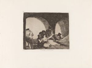  A monochromatic etching by Francisco de Goya titled "That's tough!" depicting a group of distressed figures huddled under an archway, rendered in deep shadows and nuanced tones of black, gray, and white.