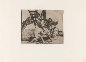  Monochromatic etching titled "Vain laments" by Francisco de Goya, depicting an anguished central figure with outstretched arms surrounded by other characters, all set against a backdrop of sketchy figures and structures in sepia tones.