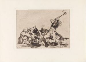  An etching by Francisco de Goya titled "The Same," displaying a central figure swinging a large hammer-like object over their head amidst a chaotic pile of bodies, rendered in a monochromatic palette emphasizing motion and intensity.