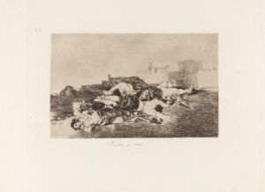  Etching titled "All this and more" by Francisco de Goya on paper, depicting a tumultuous scene with intertwined figures and objects, showcasing a predominantly monochromatic palette with a focus on the darker tones in the chaotic foreground, and a lighter, dustier background suggesting an atmosphere of devastation.