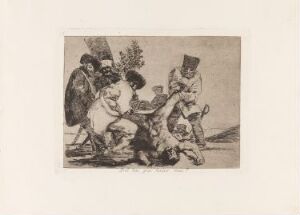  "What more can be done?" - An etching on paper by Francisco de Goya, depicting a tumultuous and violent scene in monochromatic sepia tones, with figures engaged in an agitated encounter, characterized by fluid, expressive lines and a contrast of light and shadow.