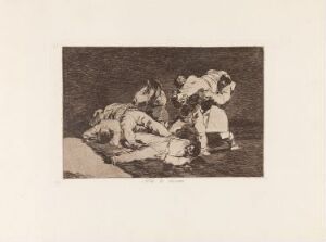  "It will be the same" by Francisco de Goya, a fine art etching depicting figures in distress, embraced in a tight cluster, with a monochromatic brown-tone palette on paper.