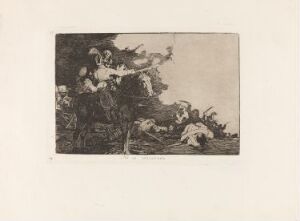  A monochromatic etching titled "They do not agree" by Francisco de Goya displaying a turbulent scene with multiple figures in mid-action, suggesting an animated disagreement or conflict, executed in shades of black, white, and gray with a textured natural background.
