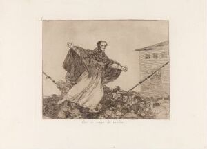  An etching by Francisco de Goya titled "May the cord break" featuring a figure in flowing clothes balancing on a tightrope above a jumbled collection of objects, with a simple building in the background, all rendered in sepia tones.