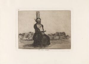  Black-and-white etching by Francisco de Goya titled "On account of a knife," displaying a stern figure seated with a knife in hand, draped in 18th-century attire against a faintly etched background, possibly depicting a rocky landscape. The artist skillfully employs shading and texturing, achieving depth and complexity in this grayscale piece.
