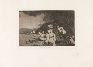  "It serves you right" by Francisco de Goya, an etching depicting a dramatic outdoor scene with several figures, possibly in a conversation or confrontation, shaded in tones of gray, showcasing fine lines and textural details on paper.
