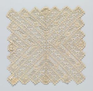  A square image of an exquisite and symmetrical off-white lace textile with a starburst pattern, featuring ornate floral motifs and geometric shapes, set against a neutral background.