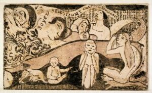  "Love, and you will be happy," a monochromatic woodcut print by Paul Gauguin, featuring a contemplative center figure surrounded by simplistic child-like figures, a partially clad figure to the right, and ethereal faces and figures against a swirling plant backdrop on tan paper.