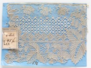  An intricate piece of pale blue lace with floral patterns and lattice designs, accompanied by a rectangular label with handwritten text in the top left corner, all against a soft blue background.