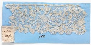  A rectangular piece of off-white floral lace fabric staged on a pastel blue background with a small paper tag in the lower left corner, marked with the number "191" on a dark underlying card.