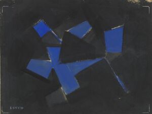  "Studie til et relieff" by Ramon Isern, an abstract fine art composition on board featuring dynamic cobalt blue geometric shapes on a deep black background, created using gouache, implying motion and depth within a flat visual field.