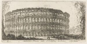  Etching by Giovanni Battista Piranesi titled "Flavian Amphitheatre, called the Colosseum," depicting the ancient Colosseum in intricate monochromatic detail with multiple levels of arches and the contrasting textures of stonework and ruins, surrounded by faint foliage against a lightly suggested sky.