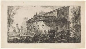  Etching titled "Tomb of the Scipios" by Giovanni Battista Piranesi, featuring an ancient round tomb with arched openings set on a hillside amidst a wild landscape with figures, rendered in monochrome with detailed lines and contrasting shades of black and gray.