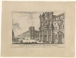  Monochrome etching by Giovanni Battista Piranesi, "The small church of S. Carlo at the Four Fountains," showing a baroque church with an elaborate facade, beside a row of period buildings, using shades of grey to depict light and shadow, and conveying a historical urban scene.