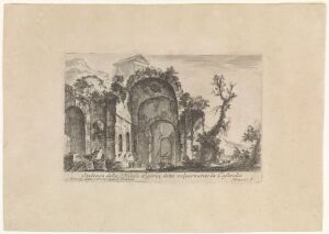  "Grotto of the Nymph Egeria, commonly called La Cafarella," an etching by Giovanni Battista Piranesi, showing a romantic view of an ancient Roman archway and surrounding ruins in a pastoral setting, with a single leafless tree to the right, executed in monochromatic shades of gray.