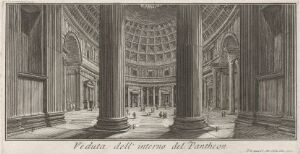  Monochromatic etching by Giovanni Battista Piranesi titled "Interior view of the Pantheon" featuring the iconic coffered dome with a central oculus, large columns, a checkered marble floor, and a few figures, all rendered in varying shades of grey to illustrate depth and texture.